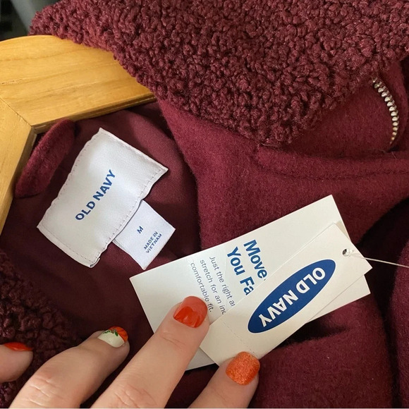 ✨NWT Old Navy Wine Red Long Brushed Felt Sherpa Collar Moto Jacket Coat Medium - Picture 8 of 12